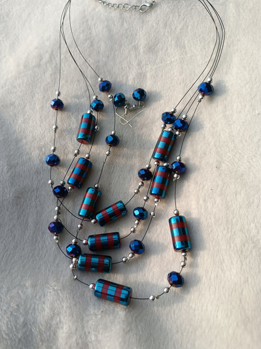 Blue Multilayer Necklace with Earrings (Crystal)